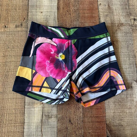 Adidas Womens Size 2 Climalite Floral Burst Shorts Athletic Techfit in Blue Pink - Picture 1 of 9